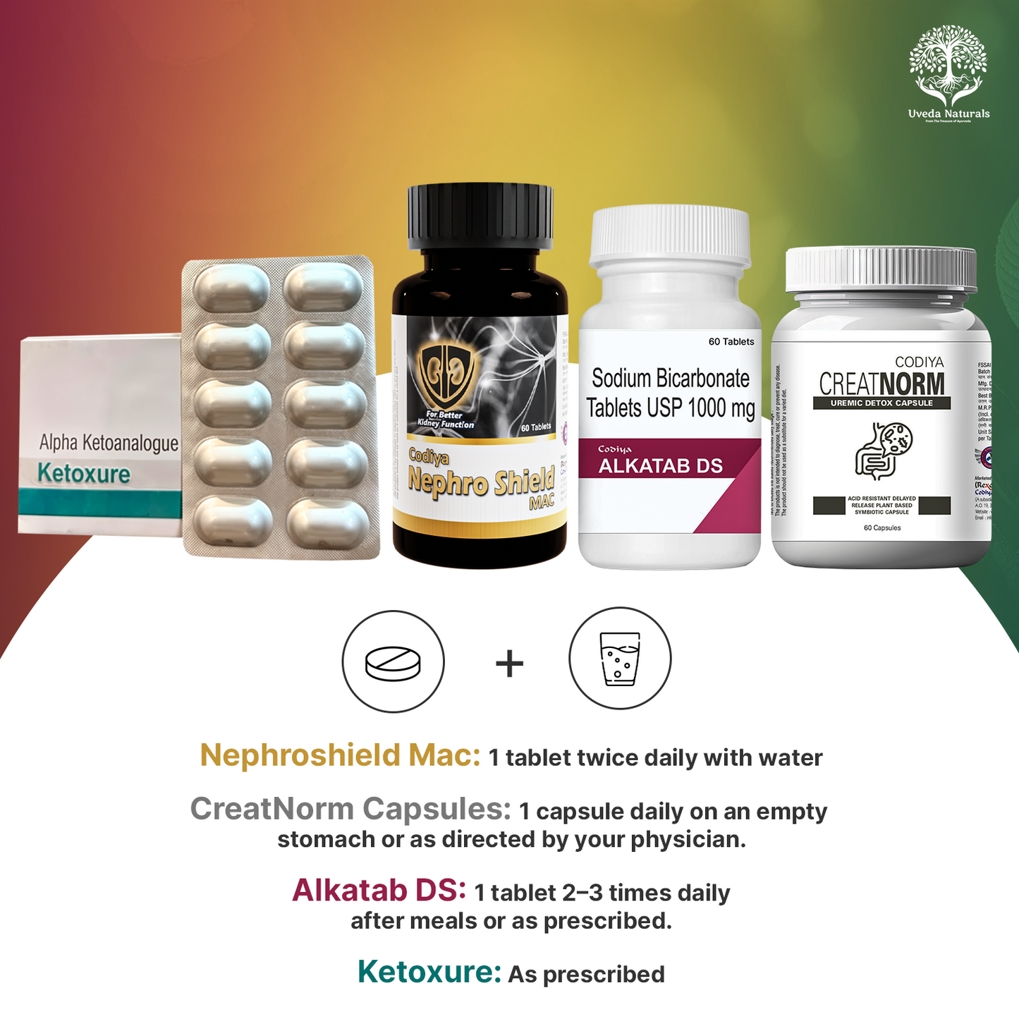 Codiya Alkatab DS, Creatnorm Capsules , Ketoxure Tablets and Nephroshield Mac Combo