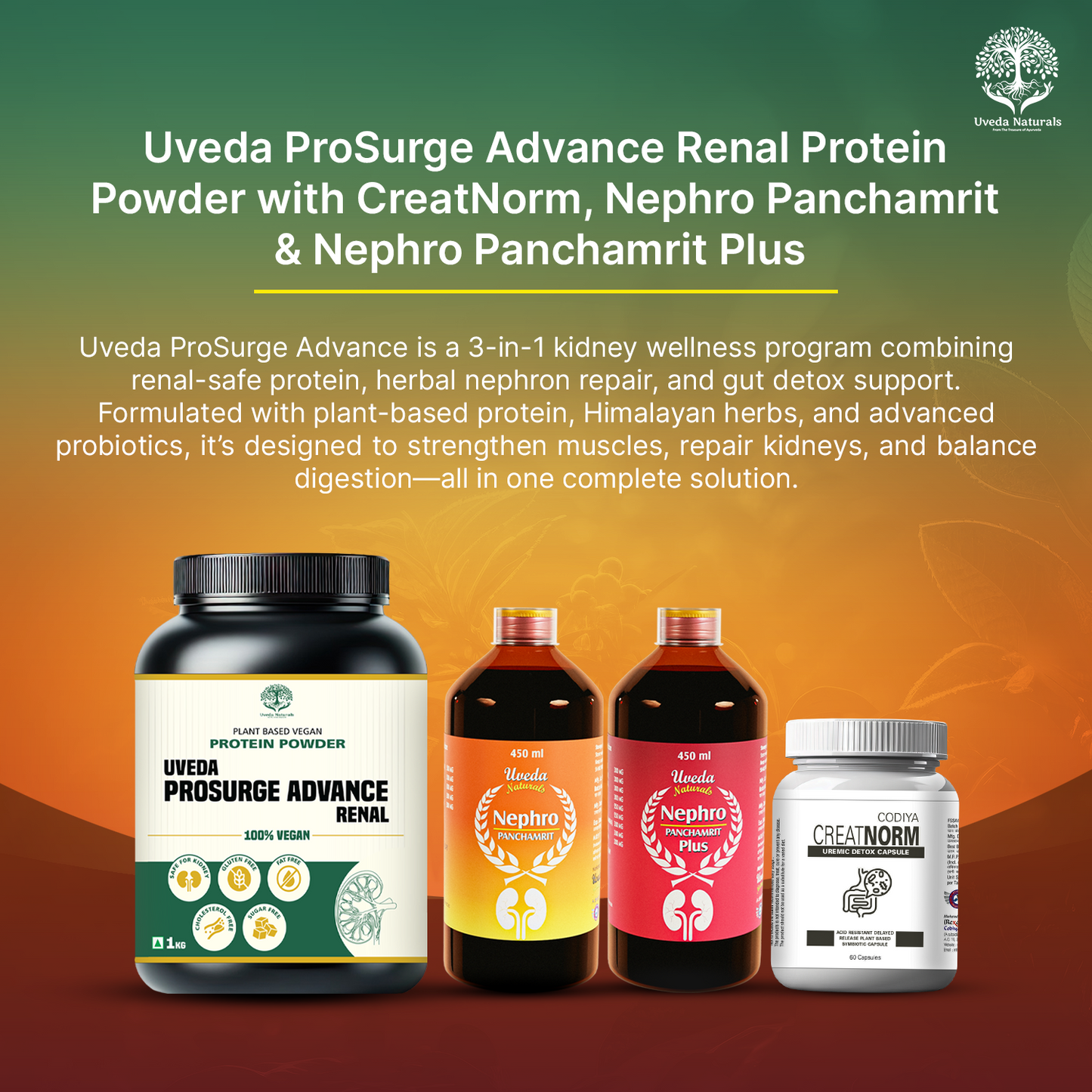 Uveda ProSurge Advance Renal Protein Powder with CreatNorm, Nephro Panchamrit & Nephro Panchamrit Plus