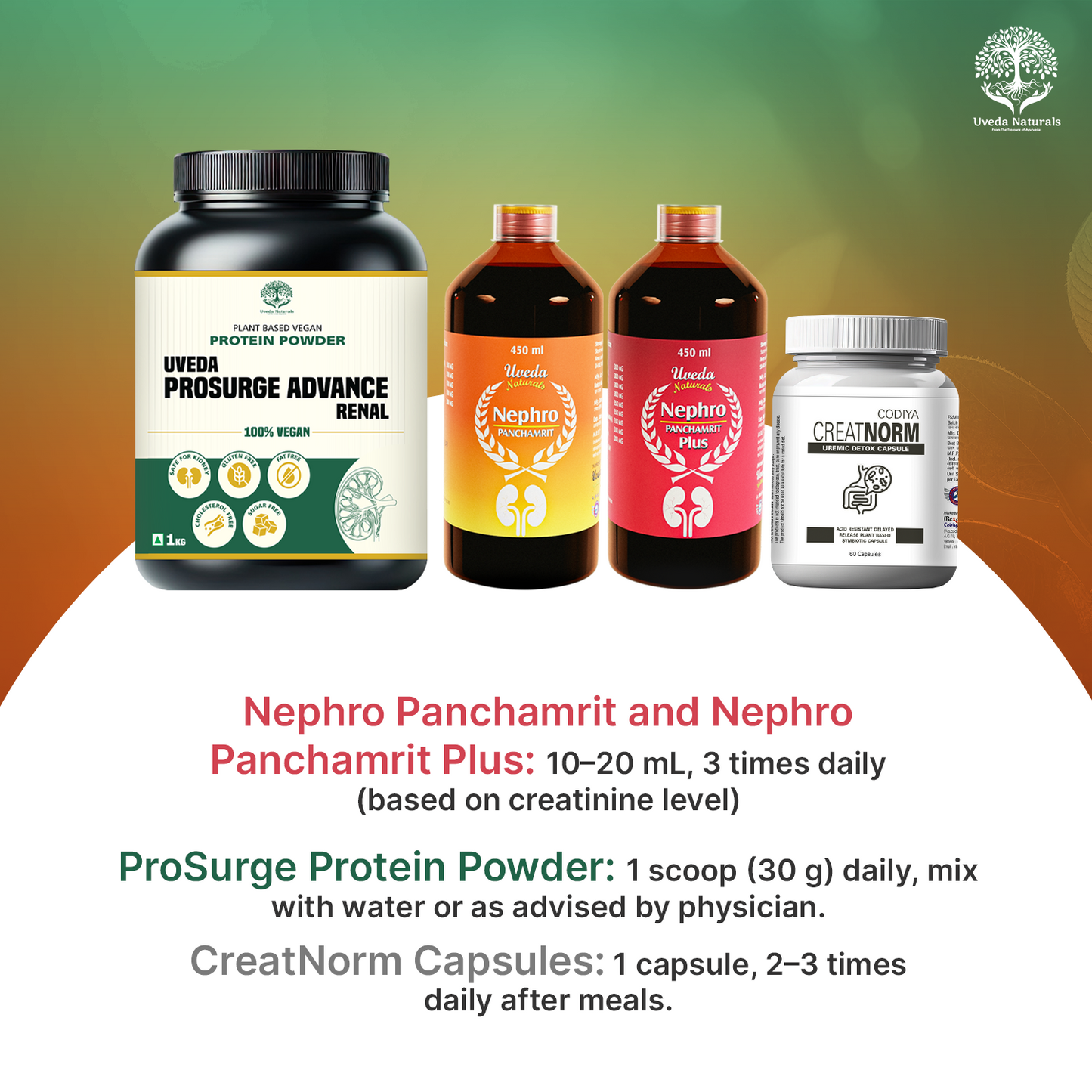 Uveda ProSurge Advance Renal Protein Powder with CreatNorm, Nephro Panchamrit & Nephro Panchamrit Plus